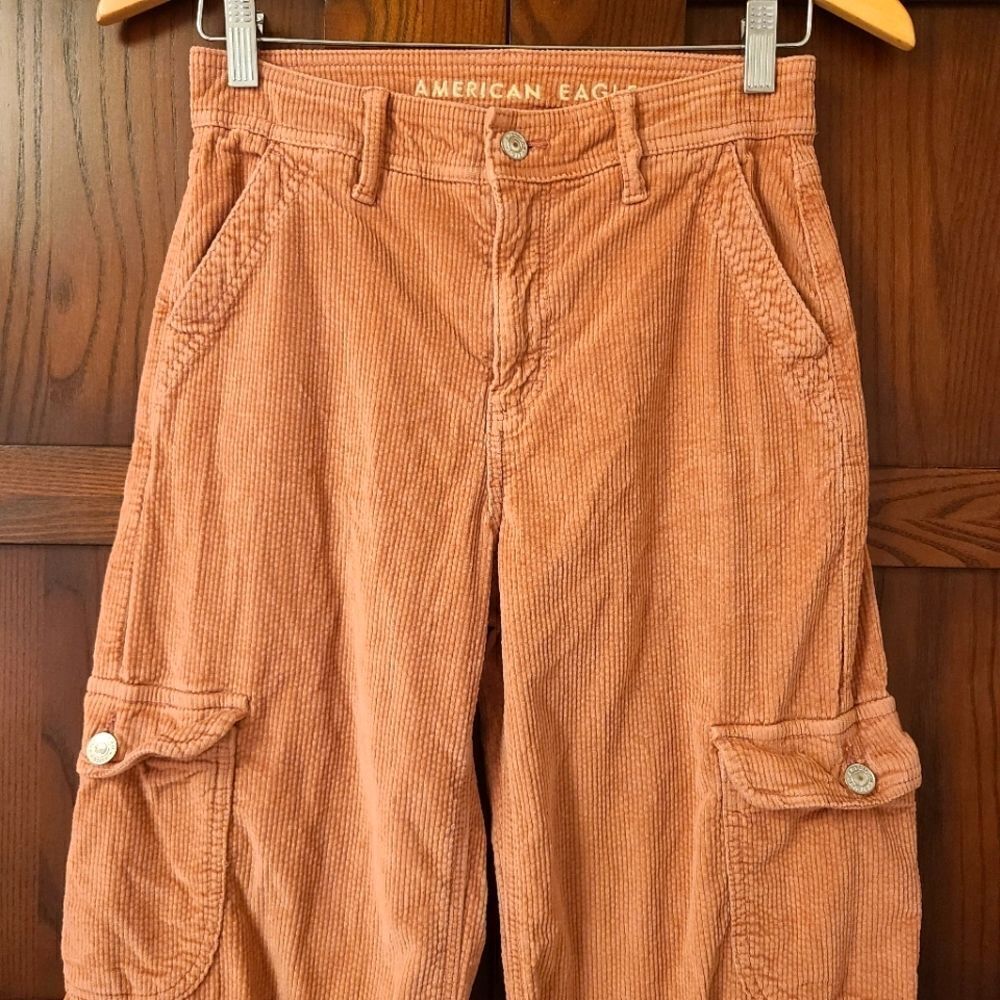 American Eagle Cargo Pants Salmon Pink Corduroy Super High Rise Baggy Wide Leg - Picture 3 of 10